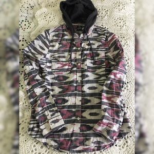 Women’s Aztec Print Hooded Long Sleeve Button Up.